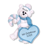 Polar Bear w/Candy Cane & Heart Personalized Baby Ornament