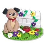 PUPPY DOG in Yard with Picket Fence Handmade Figurine