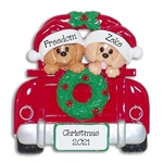 Two Puppy Dogs in Red Pickup Truck Personalized Ornament - RESIN