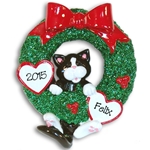 Black & White Tuxedo Kitty Hanging in Wreath Personalized Cat Ornament