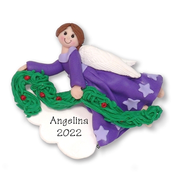 Purple Angel w/Brown Hair & Garland Personalized Ornament - Limited Edition