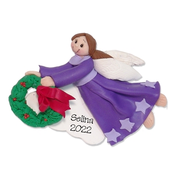 Flying Purple Angel w/Brown Hair & Wreath Personalized Ornament - Limited Edition