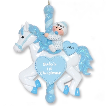 Baby Boy on Carousel Horse Personalized 1st Christmas Ornament - RESIN