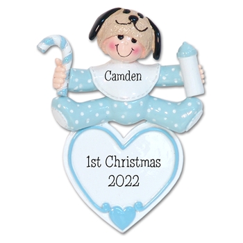 Baby Boy on Heart w/Puppy Dog Hat Personalized 1st Christmas Ornament - RESIN