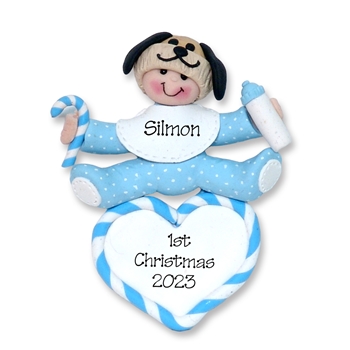 Baby Boy on Heart w/Puppy Dog Hat 1st Christmas Ornament