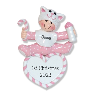 Baby Girl on Heart w/Kitty Hat Personalized 1st Christmas Ornament - RESIN