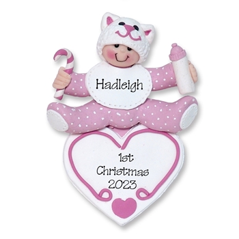 Baby Girl on Heart w/Kitty Hat Personalized 1st Christmas Ornament