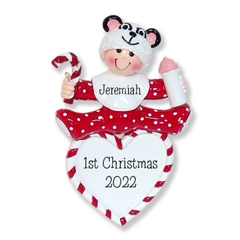 Baby Boy or Girl on Heart w/Panda Hat Personalized 1st Christmas Ornament - RESIN