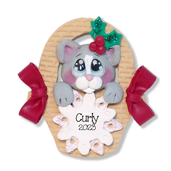 Gray Kitty Cat in Basket Personalized Pet Ornament