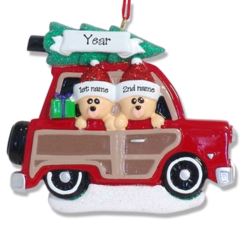 Belly Bear Family of 2 in Woody Wagon RESIN Personalized Couples Ornament