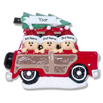 Belly Bear Family of 3 in Woody Wagon RESIN Personalized Family Ornament