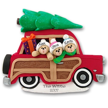 Belly Bear Family of 3 in Woody Wagon Personalized Family Ornament