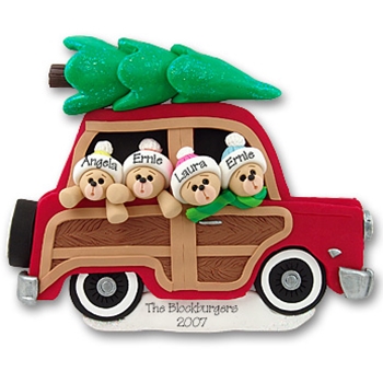 Belly Bear Family of 4 in Woody Wagon POLYMER CLAY Ornament