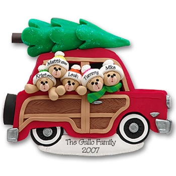 Belly Bear Family of 5 in Woody Wagon POLYMER CLAY Ornament