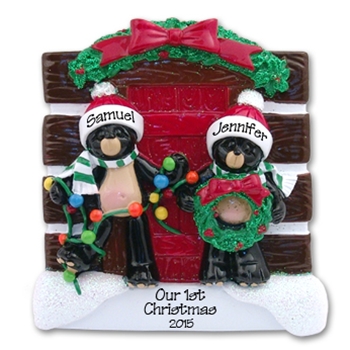 +Black Bear Couple at Log Cabin Personalized Christmas Ornament - RESIN