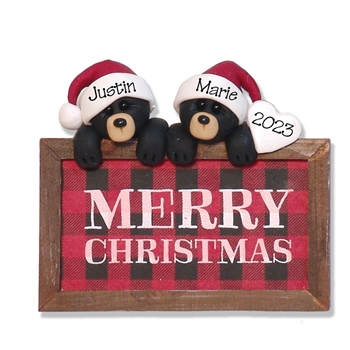 Black Bear Couple with "Merry Christmas" Sign Personalized Ornament