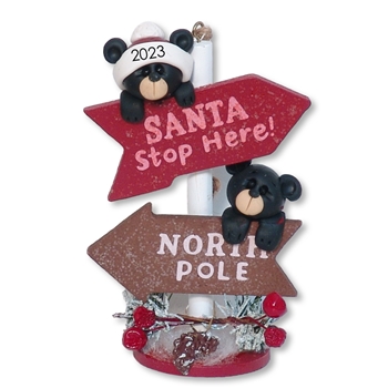 Two Black Bears with North Pole Sign Ornament