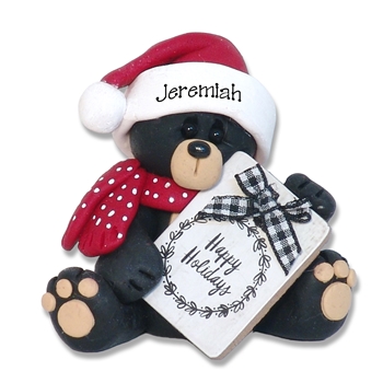 Sitting Black Bear with "Happy Holidays" Sign - Handmade Polymer Clay