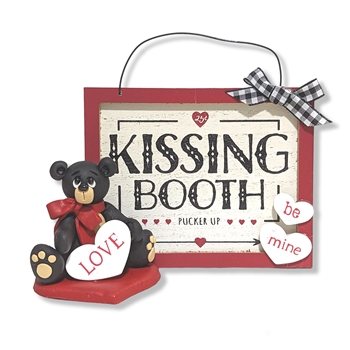 Handmade Polymer Clay Black Bear with Kissing Booth Sign