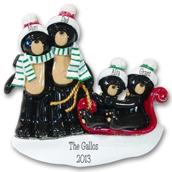 Black Bear Family of 4 on Sled RESIN Family Ornament