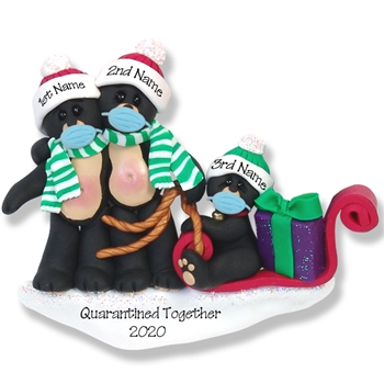 Covid-19 Black Bear Family of 3 w/Sled & Face Masks Pandemic  POLYMER CLAY Ornament - ON SALE!