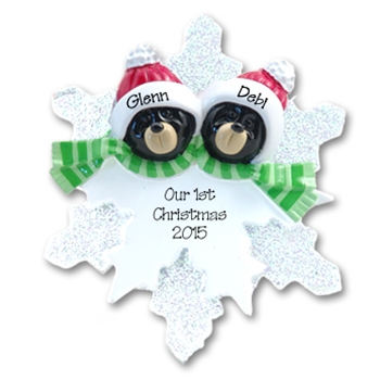 2 Black Bear Heads on Snowflake Personalized Couples Ornament - RESIN