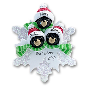 Black Bear Family of 3 on Snowflake Personalized Ornament - RESIN