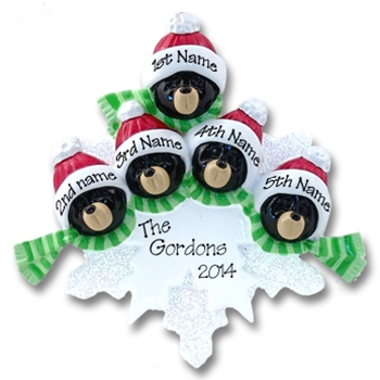 Black Bear Family of 5 on Snowflake Personalized Ornament - RESIN