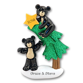 Black Bear Family of 2 w/Christmas Tree Couples Ornament - RESIN