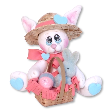 White EASTER BUNNY with Straw Hat and Basket Figurine Blue & Coral