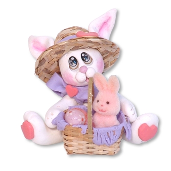 White EASTER BUNNY with Straw Hat and Basket Figurine Lavender & Coral