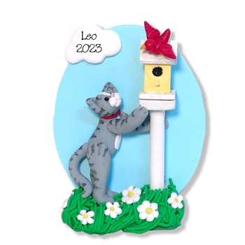 Gray Kitty Cat with Bird & Birdhouse Handmade Ornament