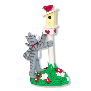 Gray Kitty Cat with Bird & Birdhouse Handmade Figurine