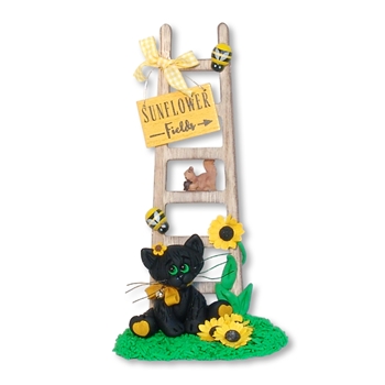 "Spooky's Sunflowers" Handmade Black Cat with Wooden Ladder