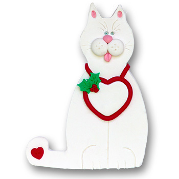 White Cat w/Heart Handmade Polymer Clay Personalized Cat Ornament