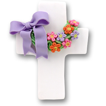 White Cross w/Wreath & Flowers Personalized Easter Ornament
