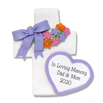 White Cross w/Wreath, Flowers & Heart Personalized Memorial Ornament