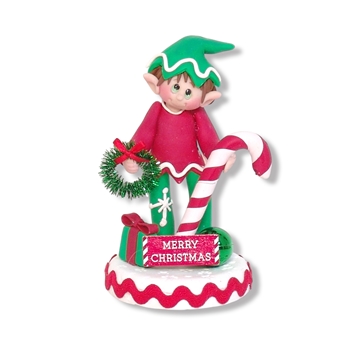 Elf with Candy Cane and Wreath Figurine