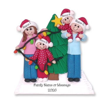 Family of 4 Putting Lights on Tree
