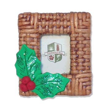 Wicker Photo Frame with Handmade Polymer Clay Holly Leaves