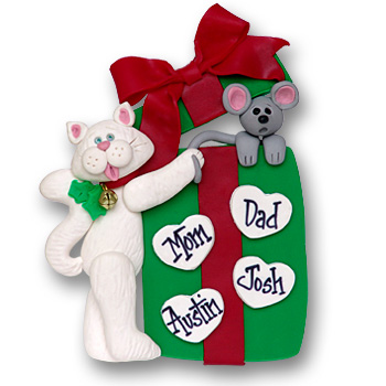 Cat w/Gift Box & 4 Hearts<br>Personalized Family Ornament