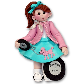 50's Girl in Poodle Skirt Handmade Polymer Clay Personalized Christmas Ornament- BRUNETTE