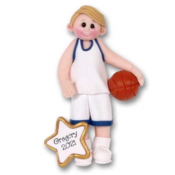 Boy Basketball Player-Male Handmade Polymer Clay Ornament  in Custom Gift Box - BLONDE