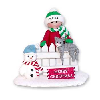 Little kid with Gray Kitty Cat on Fence