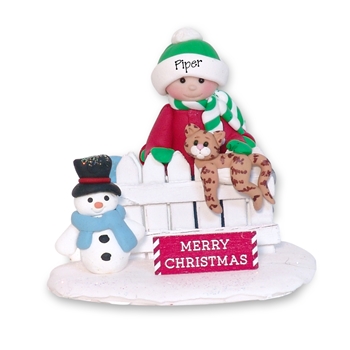 Little kid with Orange Kitty Cat on Fence