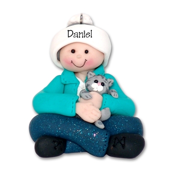 Boy sitting with Kitten Personalized Christmas Ornament