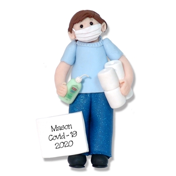 Covid-19 Corona Virus Boy w/Brown Hair HANDMADE  Personalized Christmas Ornament in Custom Box