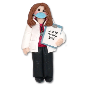 Covid-19 Female Doctor w/ Face Mask Pandemic Corona Virus Personalized Ornament in Custom Box