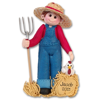 Farmer Boy with Chicken Personalized Christmas Ornament