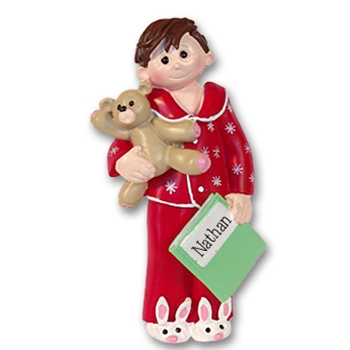 Boy in Red Pajamas Personalized Christmas Ornament - RESIN